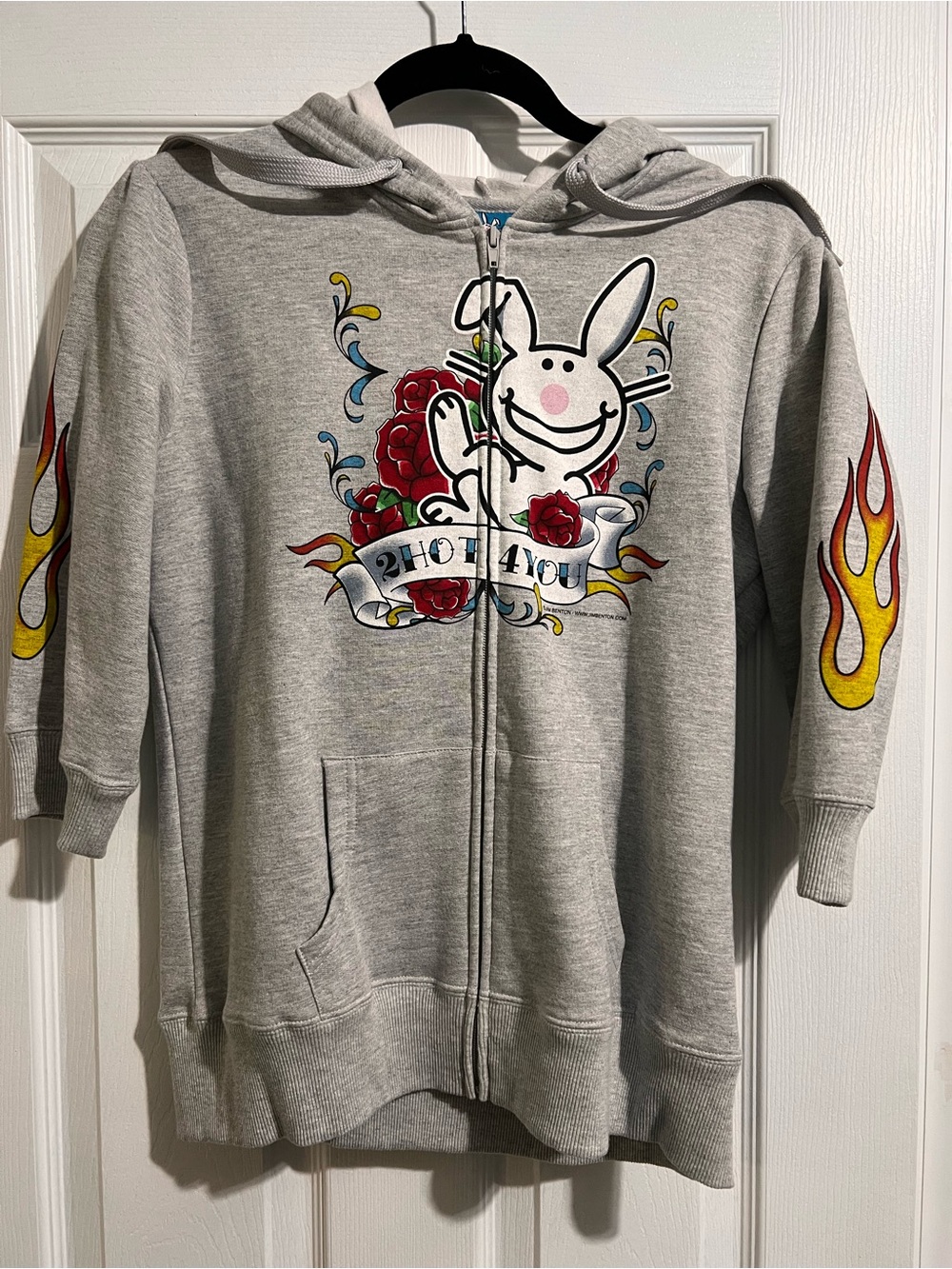 Kids Light Gray Zip-Up Hoodie with Bunny & Rose Graphic